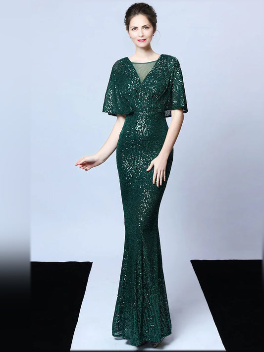 Dark Green mermaid floor-length formal dress with V-neckline, full-length front view