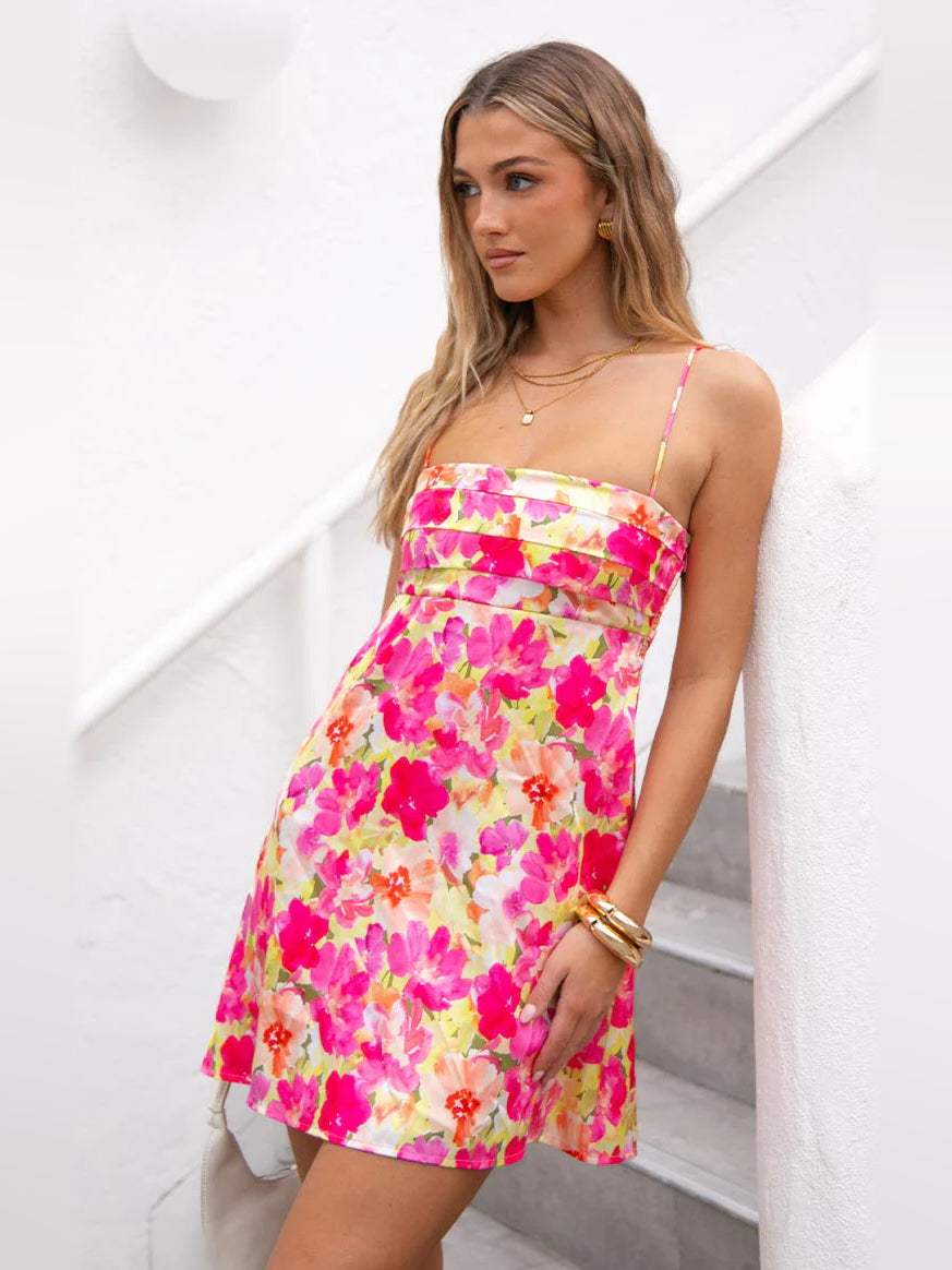 Yellow Floral mini homecoming dress, front view showing the silhouette