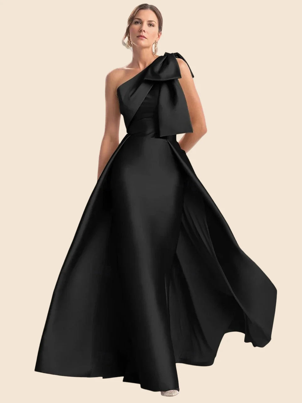 Black floor-length prom dress, front view showing the a-line silhouette