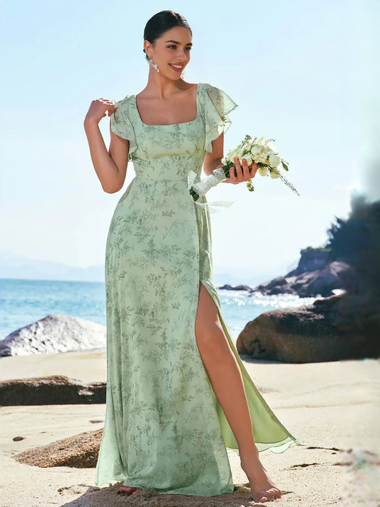 Mint Green maxi bridesmaid dress, front view showing the a-line silhouette