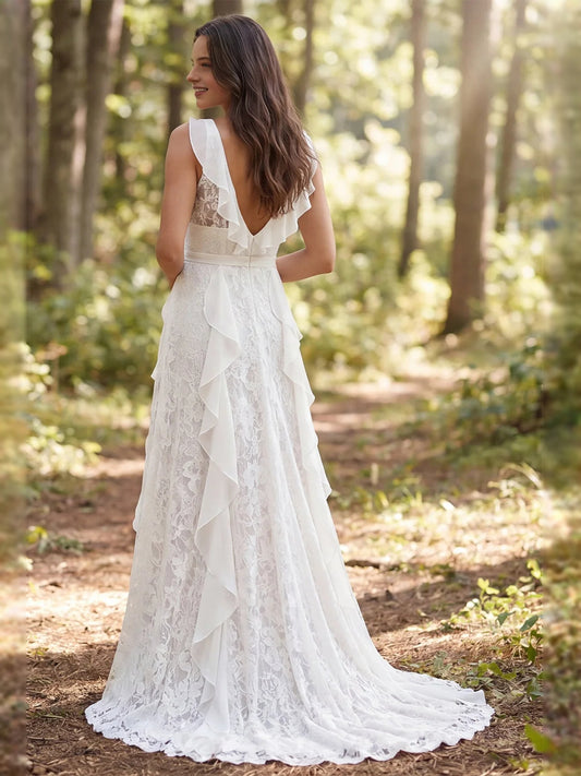 Ivory floor-length wedding dress, front view showing the a-line silhouette