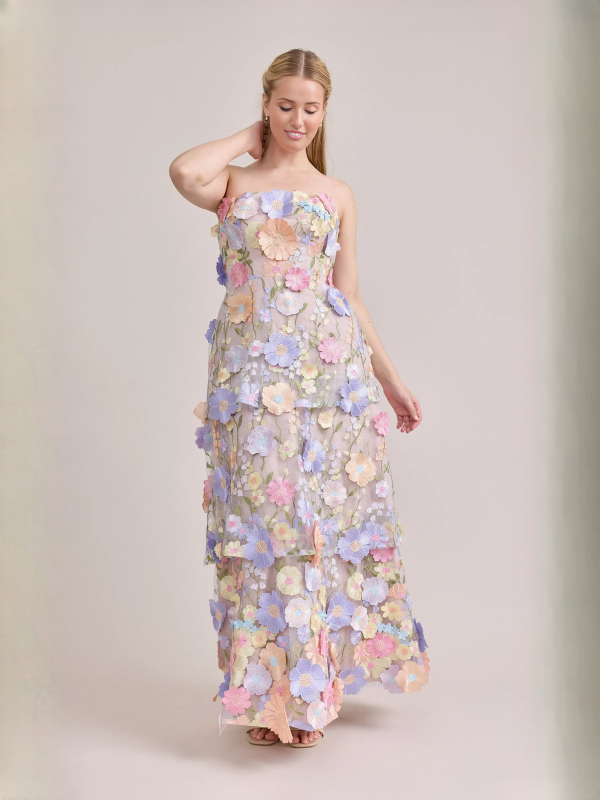 As Picture floor-length prom dress, front view showing the a-line silhouette