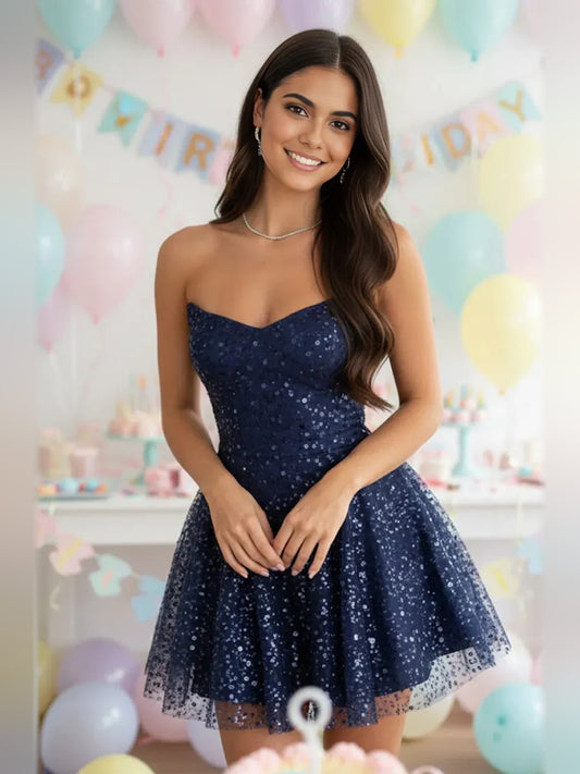 Navy Blue mini homecoming dress, alternate view showing the full-length silhouette