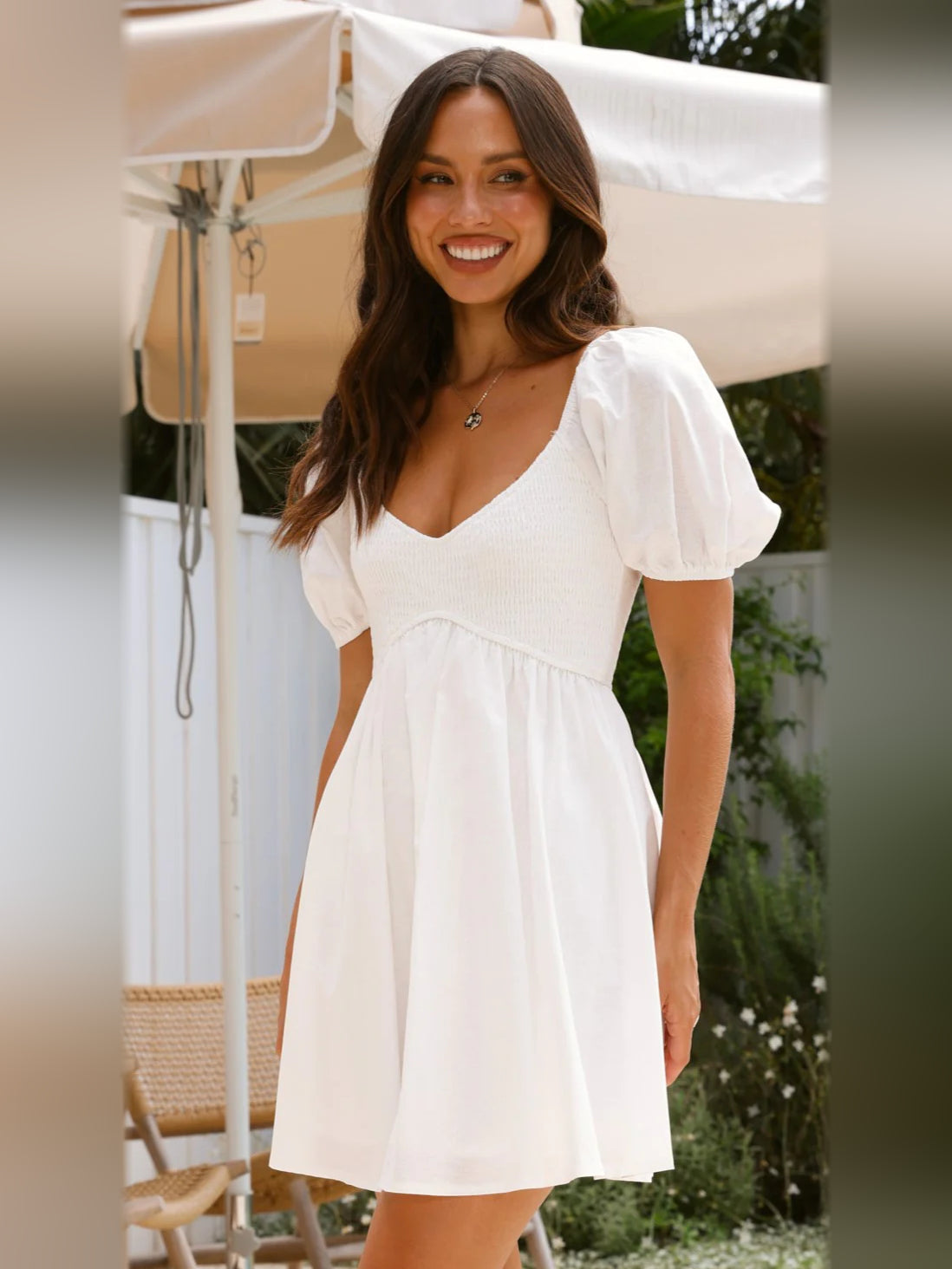 White mini homecoming dress, front view showing the silhouette
