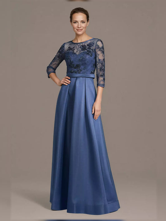Dark Navy floor-length mother of the bride dress, front view showing the a-line silhouette