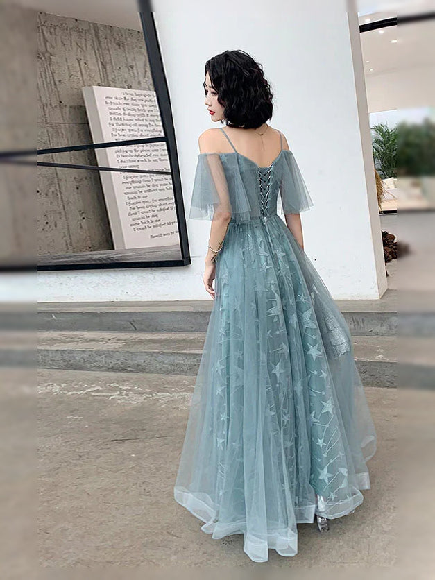 Dusty Blue maxi prom dress, front view showing the a-line silhouette