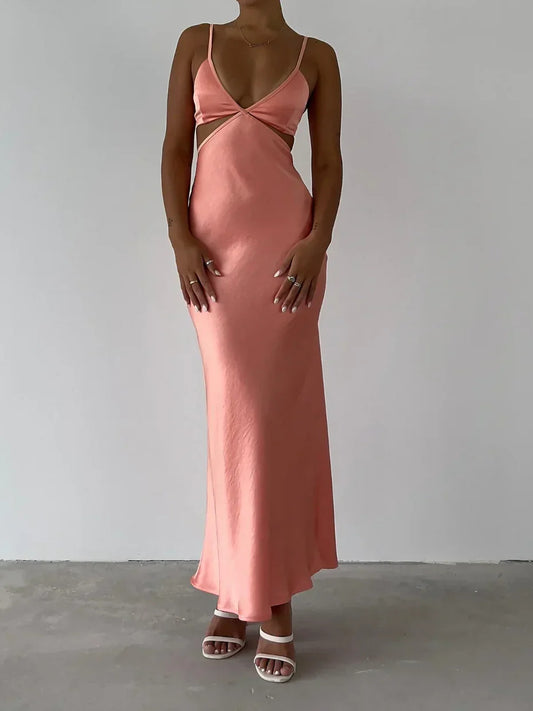 Pink sheath floor-length formal dress with V-neckline, full-length front view