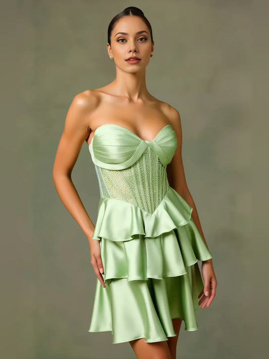 Dusty Sage short homecoming dress, alternate view showing the full-length silhouette
