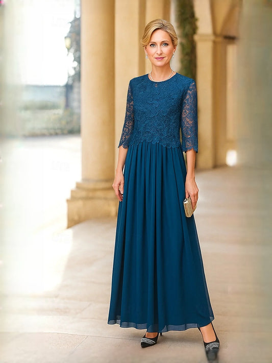 Navy Blue floor-length mother of the bride dress, front view showing the a-line silhouette