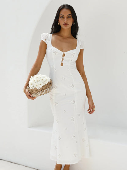 White midi formal dress, full-length front view