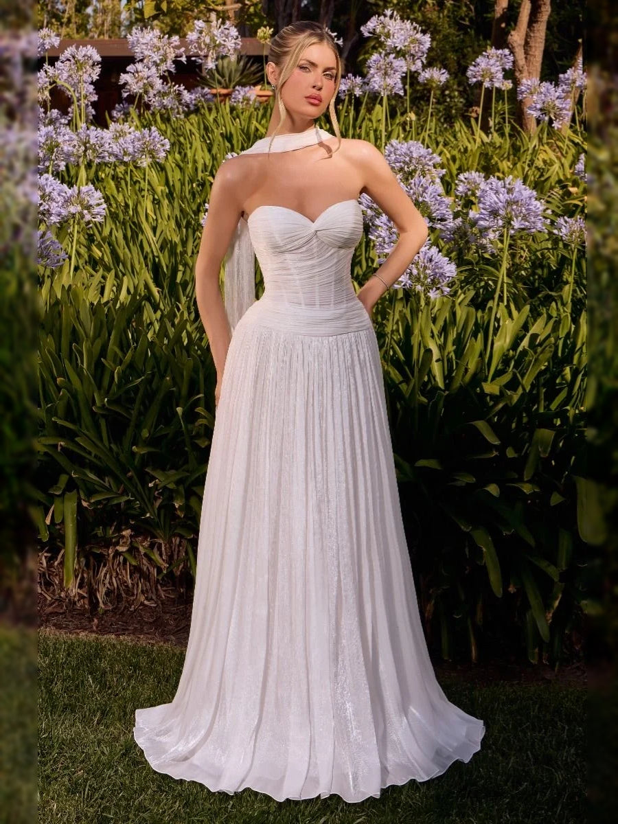 Ivory floor-length wedding dress, front view showing the a-line silhouette