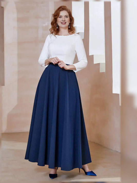 Navy Blue floor-length mother of the bride dress, front view showing the a-line silhouette