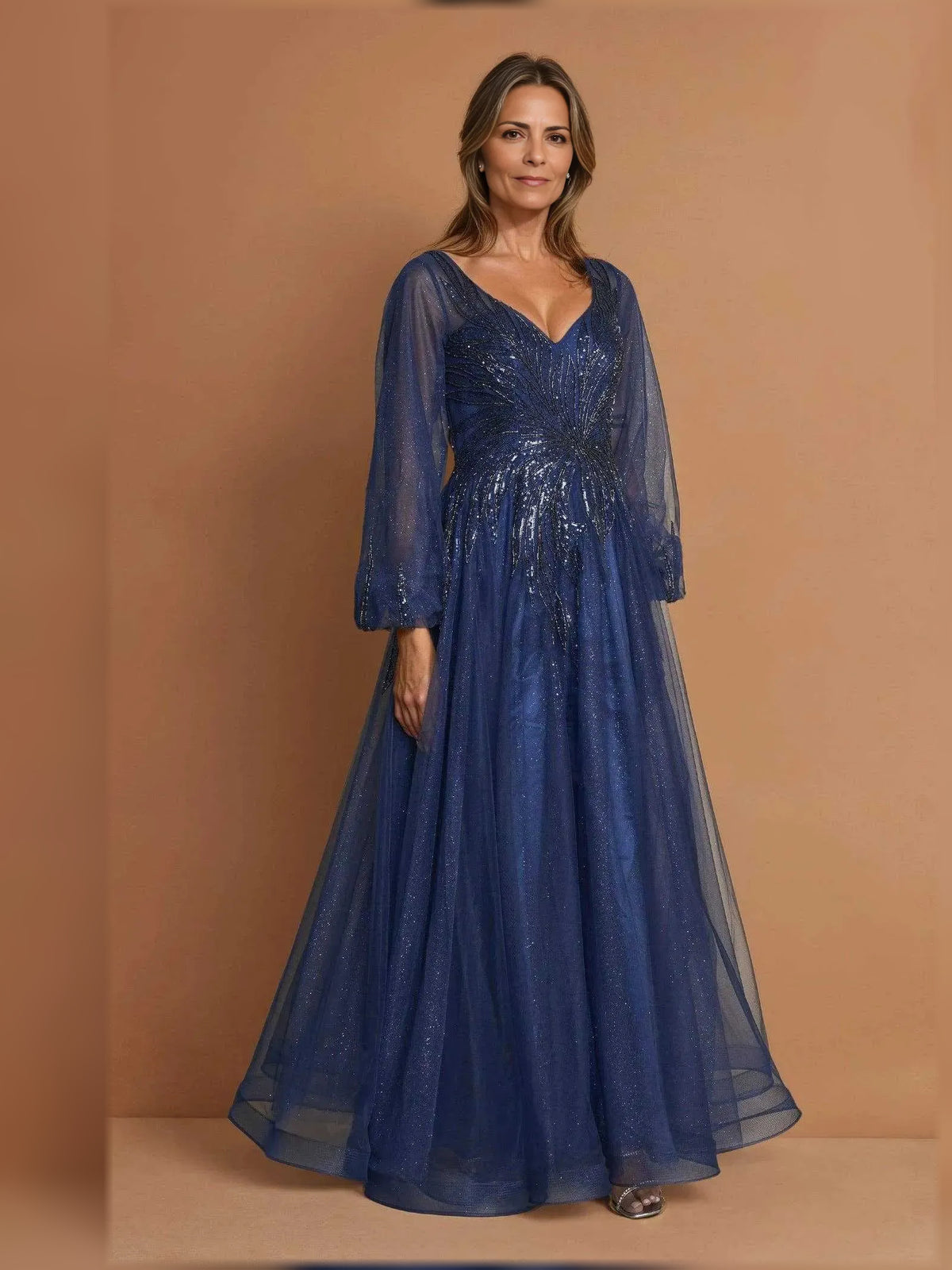 Navy Blue maxi mother of the bride dress, front view showing the a-line silhouette