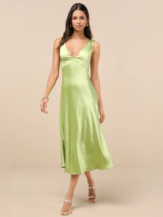 Neon Green midi homecoming dress, alternate view showing the full-length silhouette