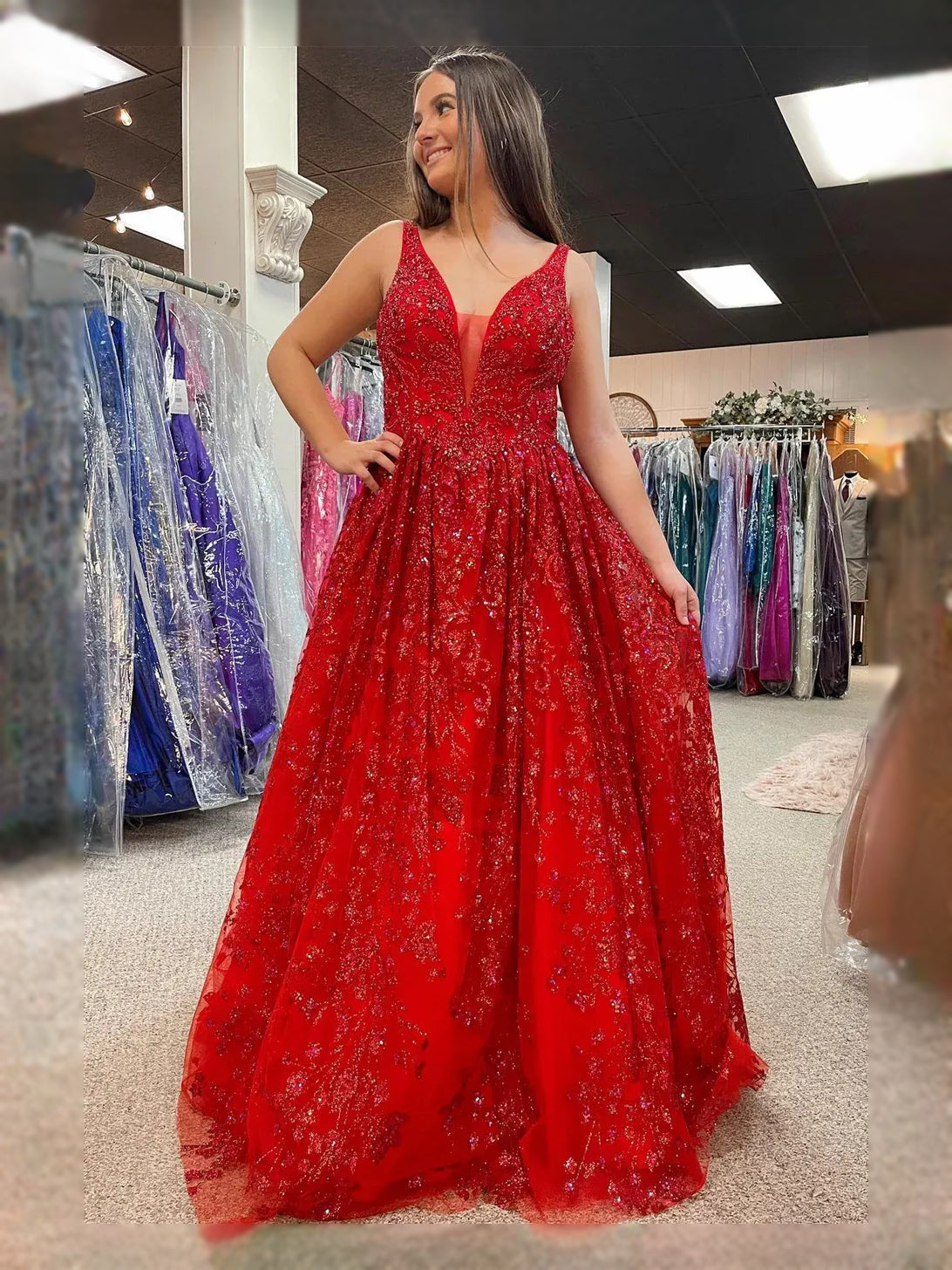 Red maxi prom dress, front view showing the a-line silhouette