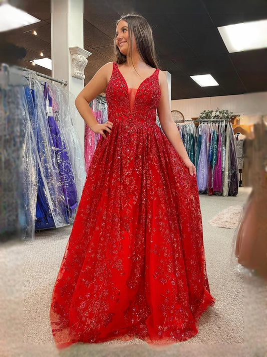 Red maxi prom dress, front view showing the a-line silhouette