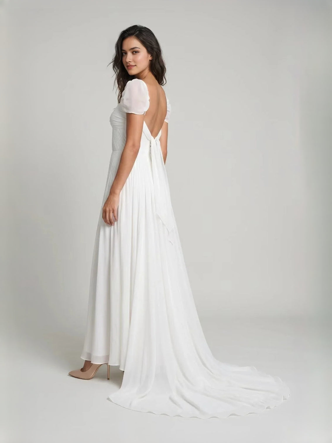 Ivory short wedding dress, front view showing the a-line silhouette