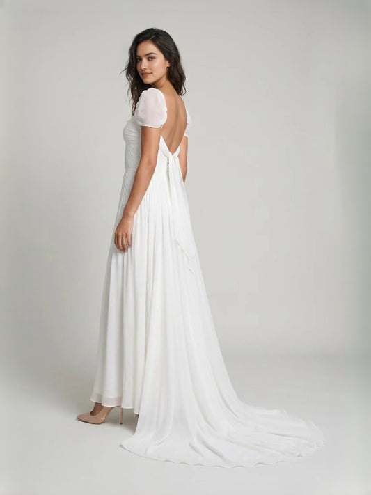 Ivory short wedding dress, front view showing the a-line silhouette
