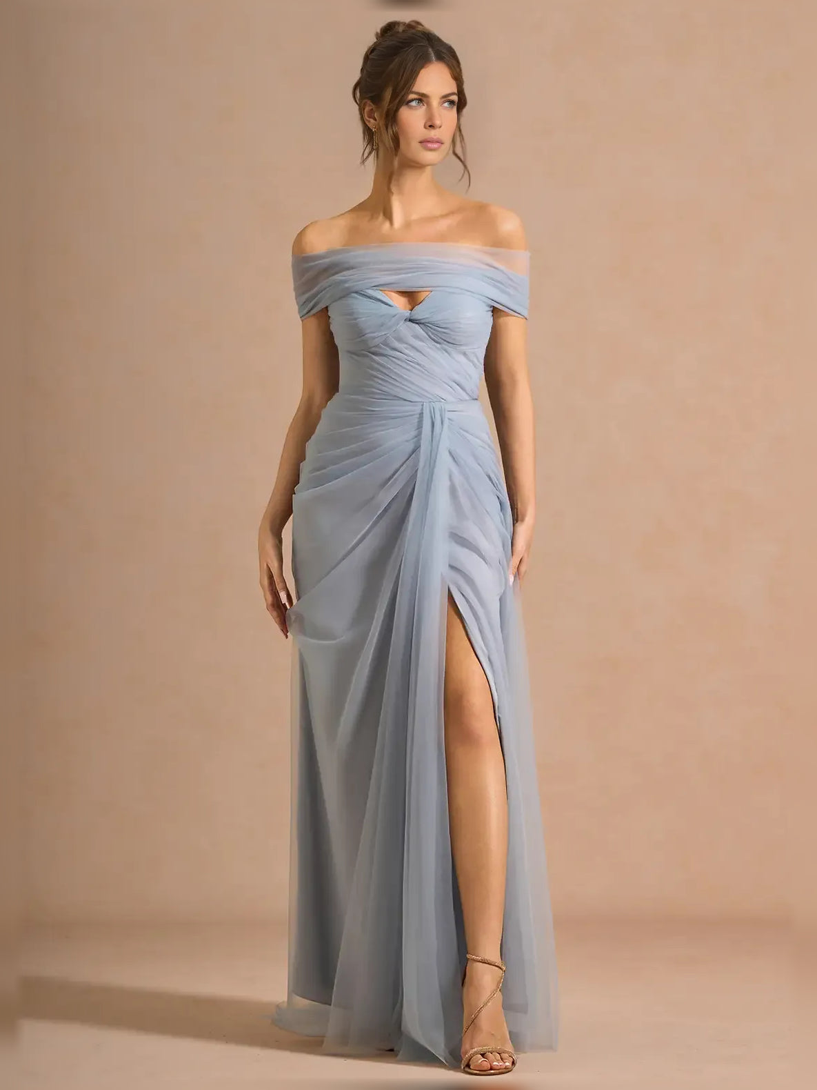 Powder Blue column floor-length formal dress with off-the-shoulder neckline, full-length front view