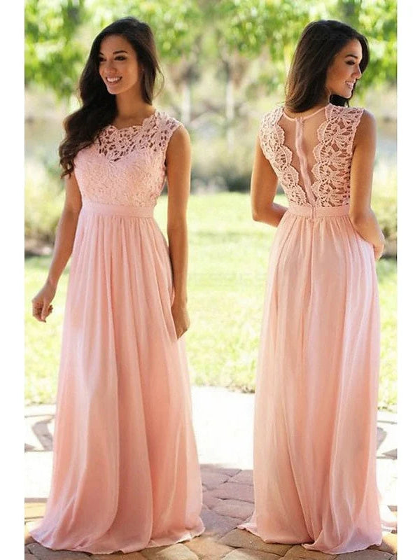 Pearl Pink maxi bridesmaid dress, front view showing the a-line silhouette