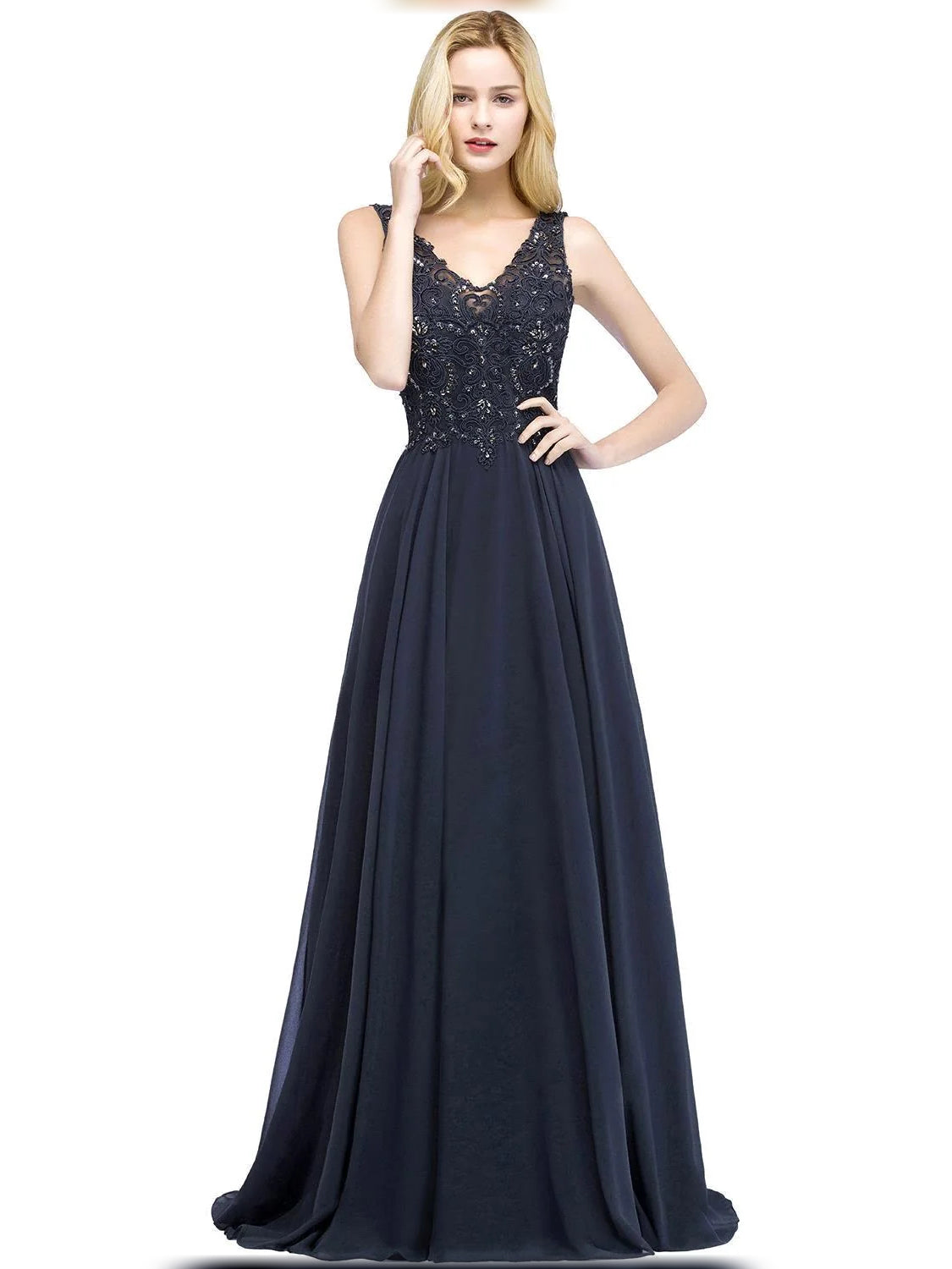 Stormy floor-length bridesmaid dress, front view showing the a-line silhouette