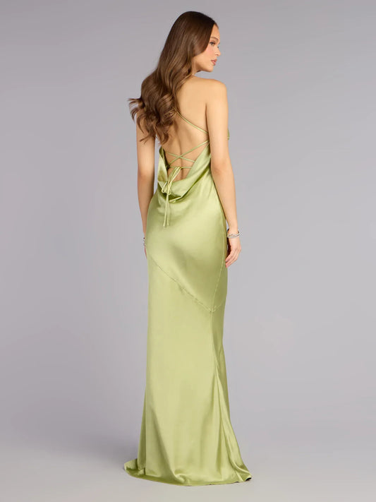 Sage Green maxi prom dress, front view showing the sheath silhouette