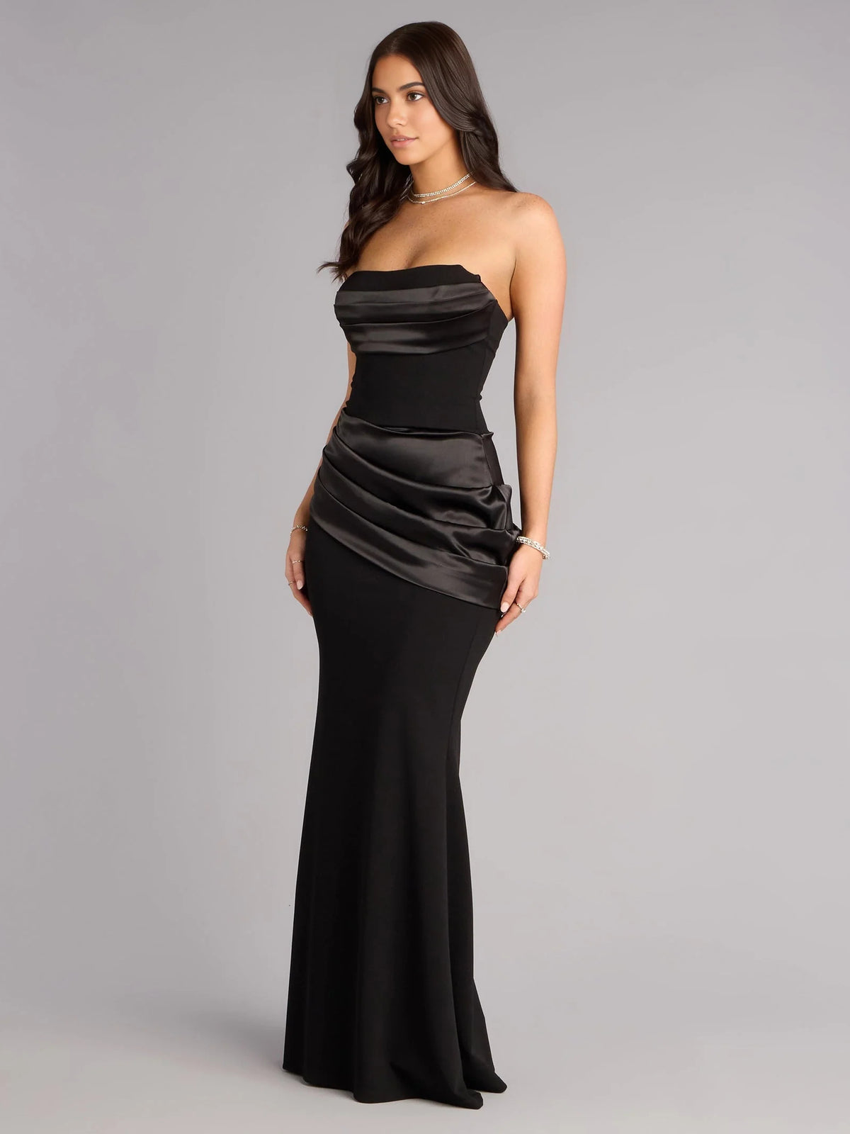 Black floor-length prom dress, front view showing the mermaid silhouette
