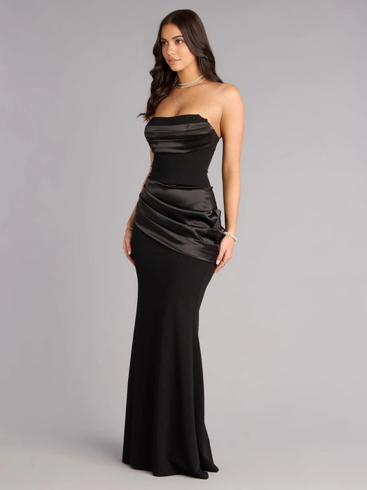 Black floor-length prom dress, front view showing the mermaid silhouette