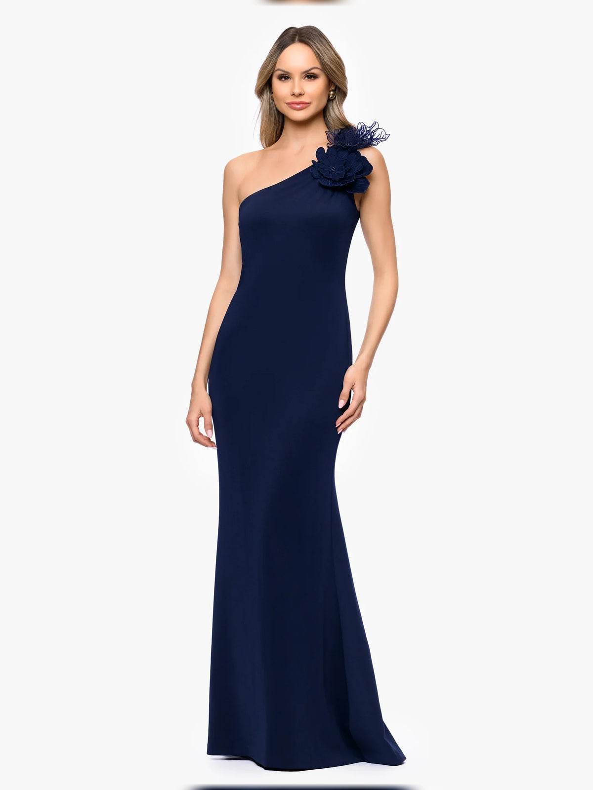 Dark Navy floor-length mother of the bride dress, front view showing the a-line silhouette