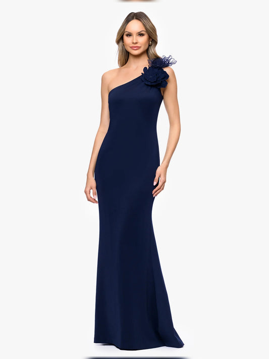 Dark Navy floor-length mother of the bride dress, front view showing the a-line silhouette