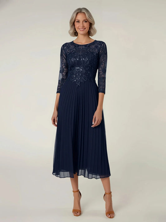 Navy Blue midi mother of the bride dress, front view showing the mermaid silhouette