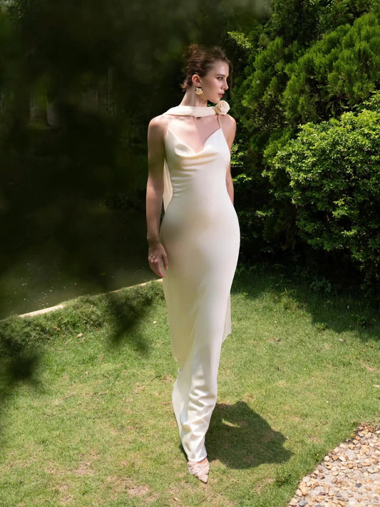 Ivory floor-length wedding dress, front view showing the sheath silhouette
