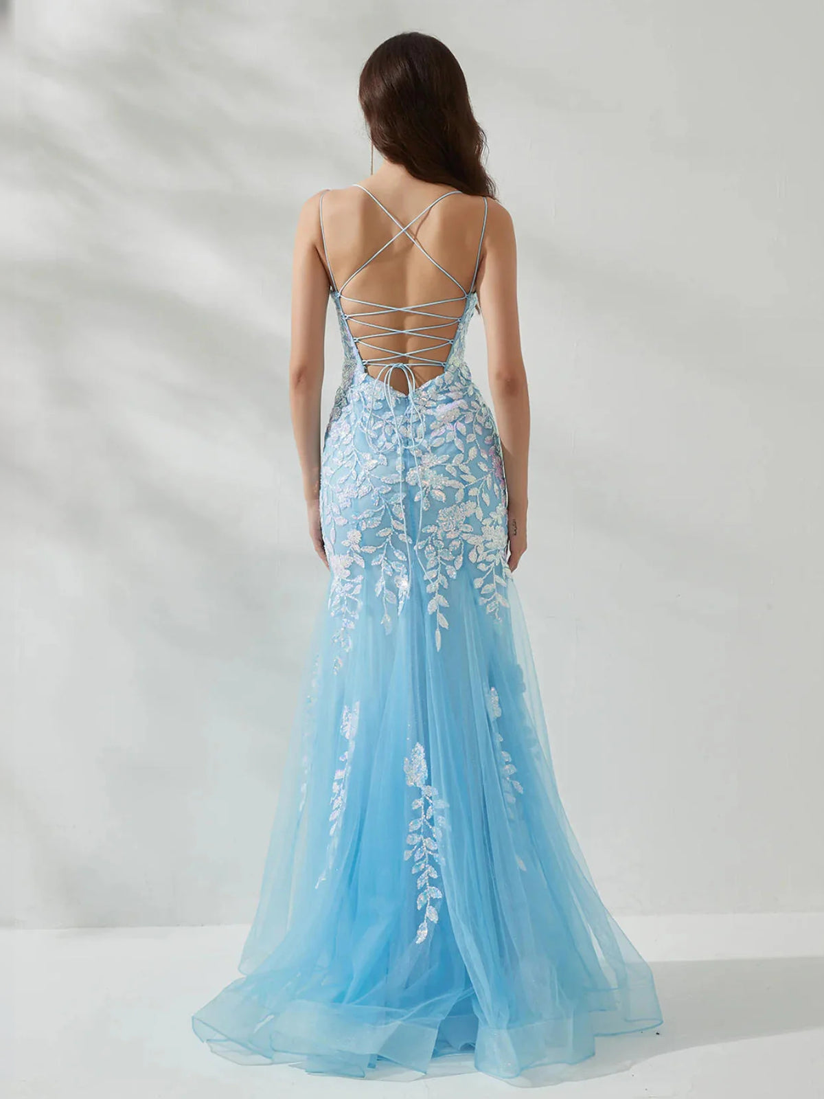 Light Blue floor-length prom dress, front view showing the a-line silhouette