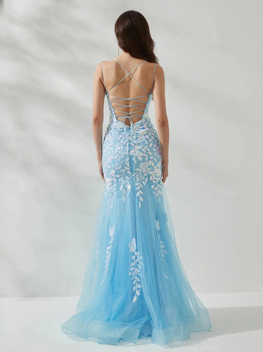 Light Blue floor-length prom dress, front view showing the a-line silhouette