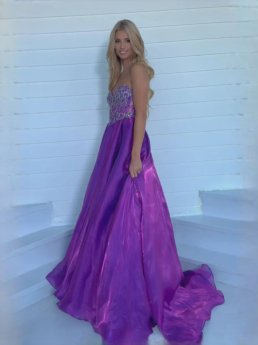 Orchid floor-length prom dress, front view showing the a-line silhouette