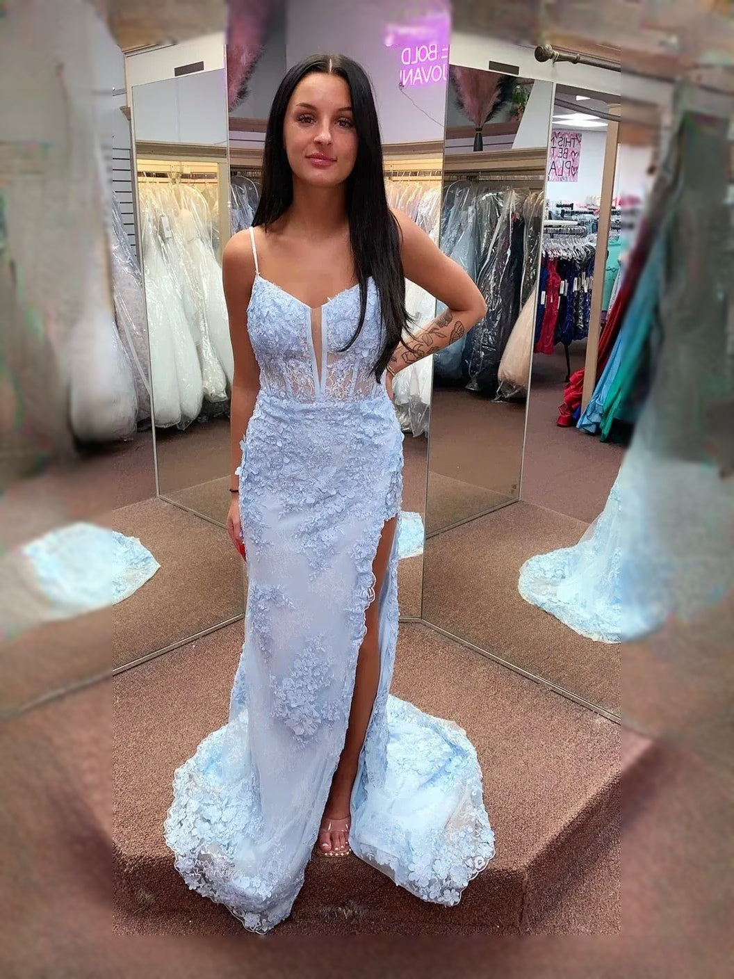 Blush Pink maxi prom dress, front view showing the mermaid silhouette
