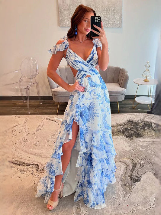 Blue high-low prom dress, front view showing the a-line silhouette