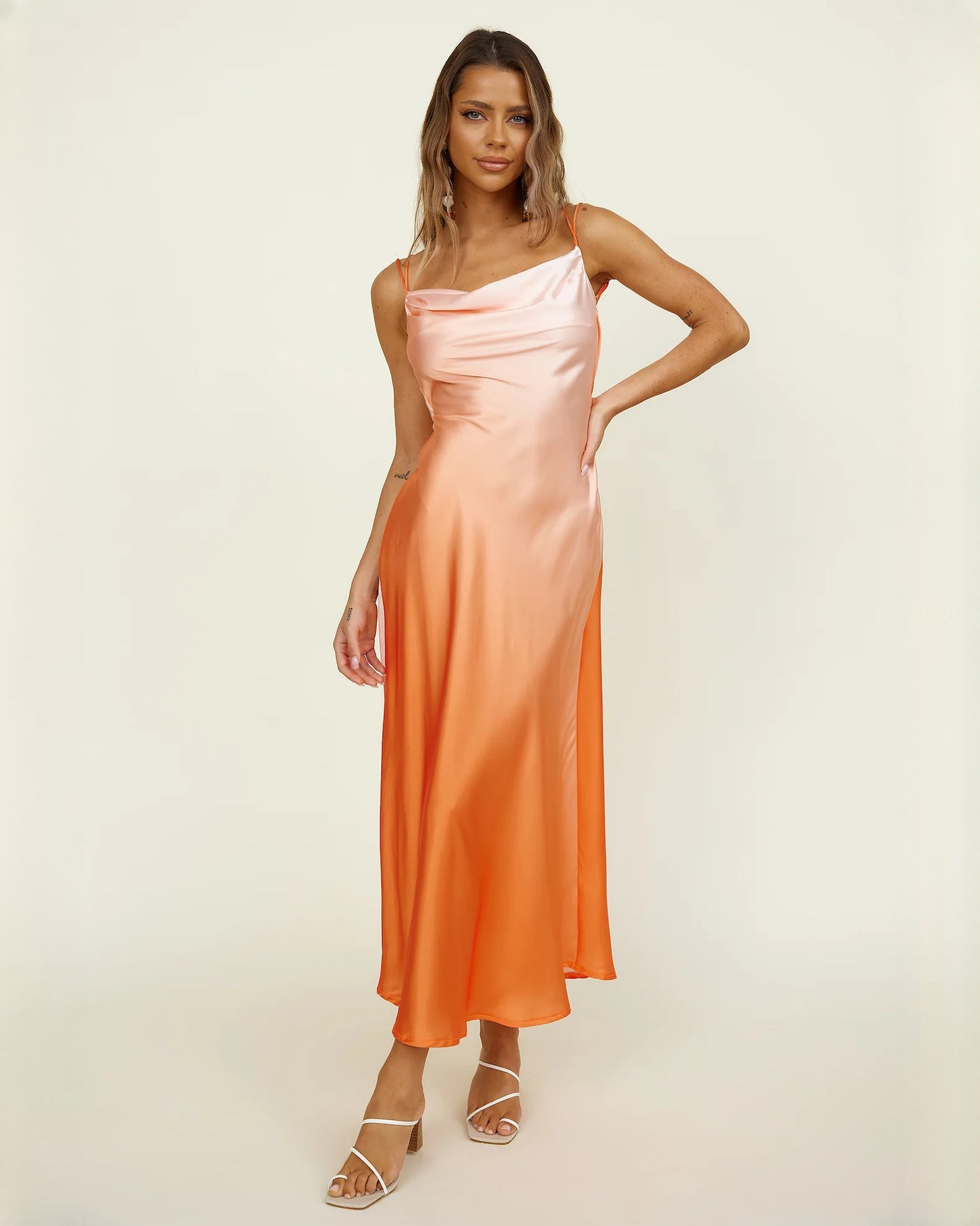 sleeveless satin a-line maxi bridesmaid dress - image 1