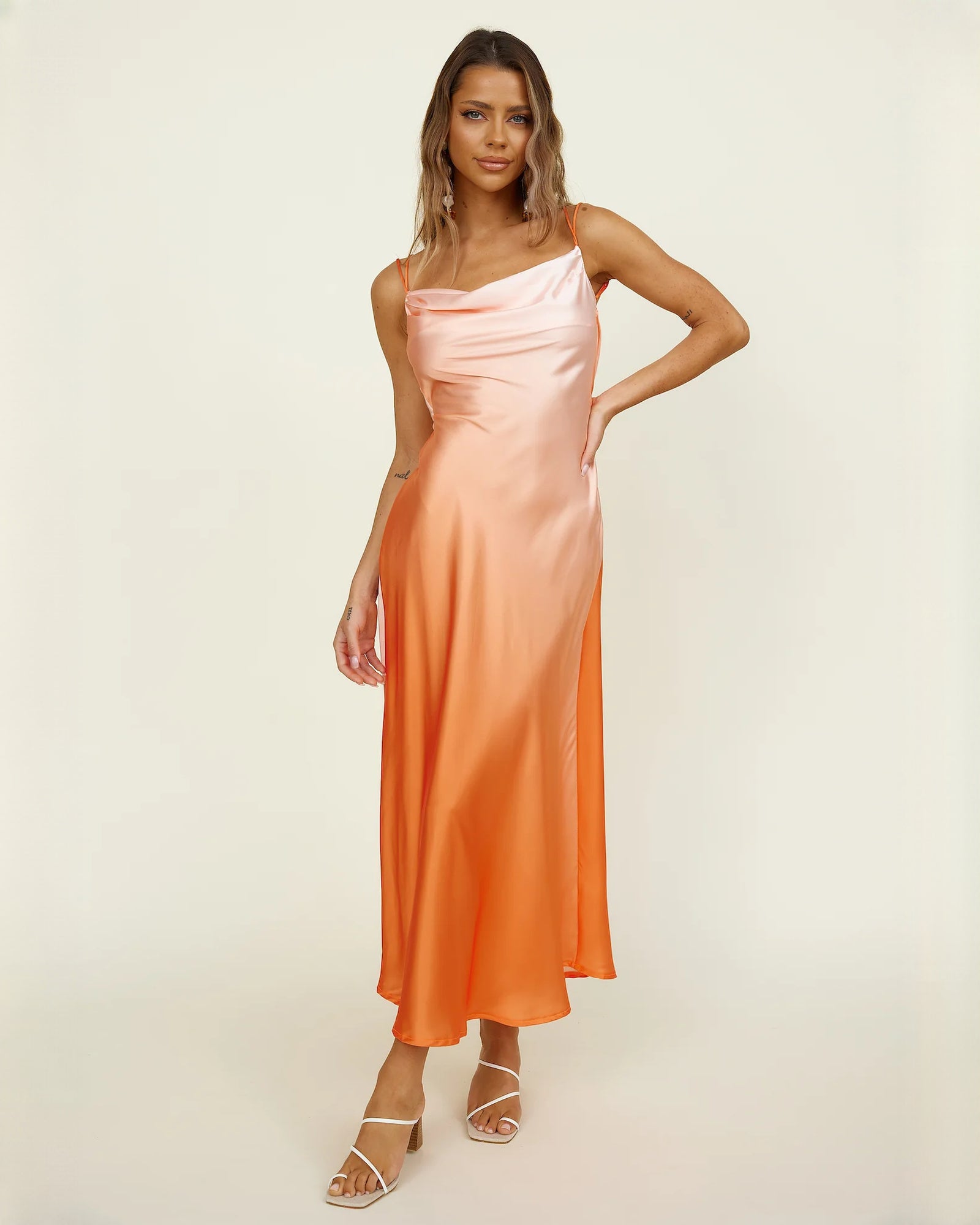 sleeveless satin a-line maxi bridesmaid dress - image 1