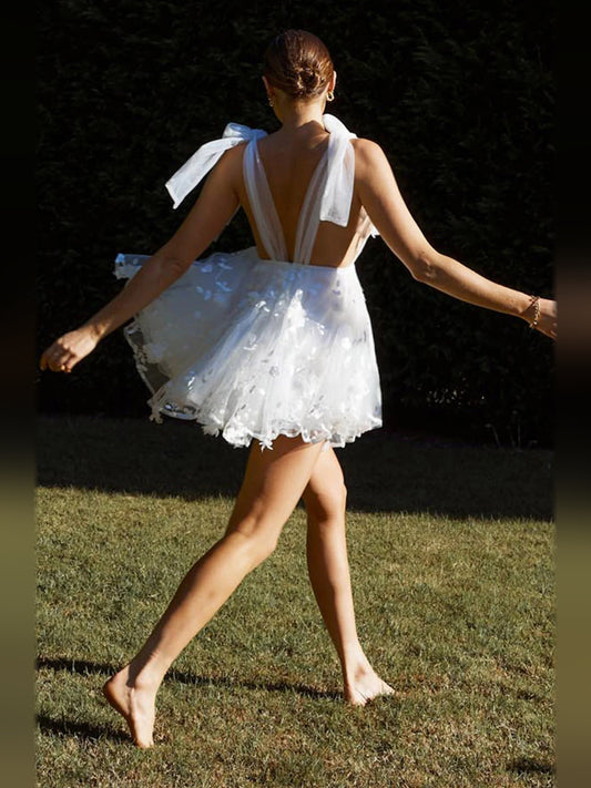 White mini homecoming dress, front view showing the silhouette