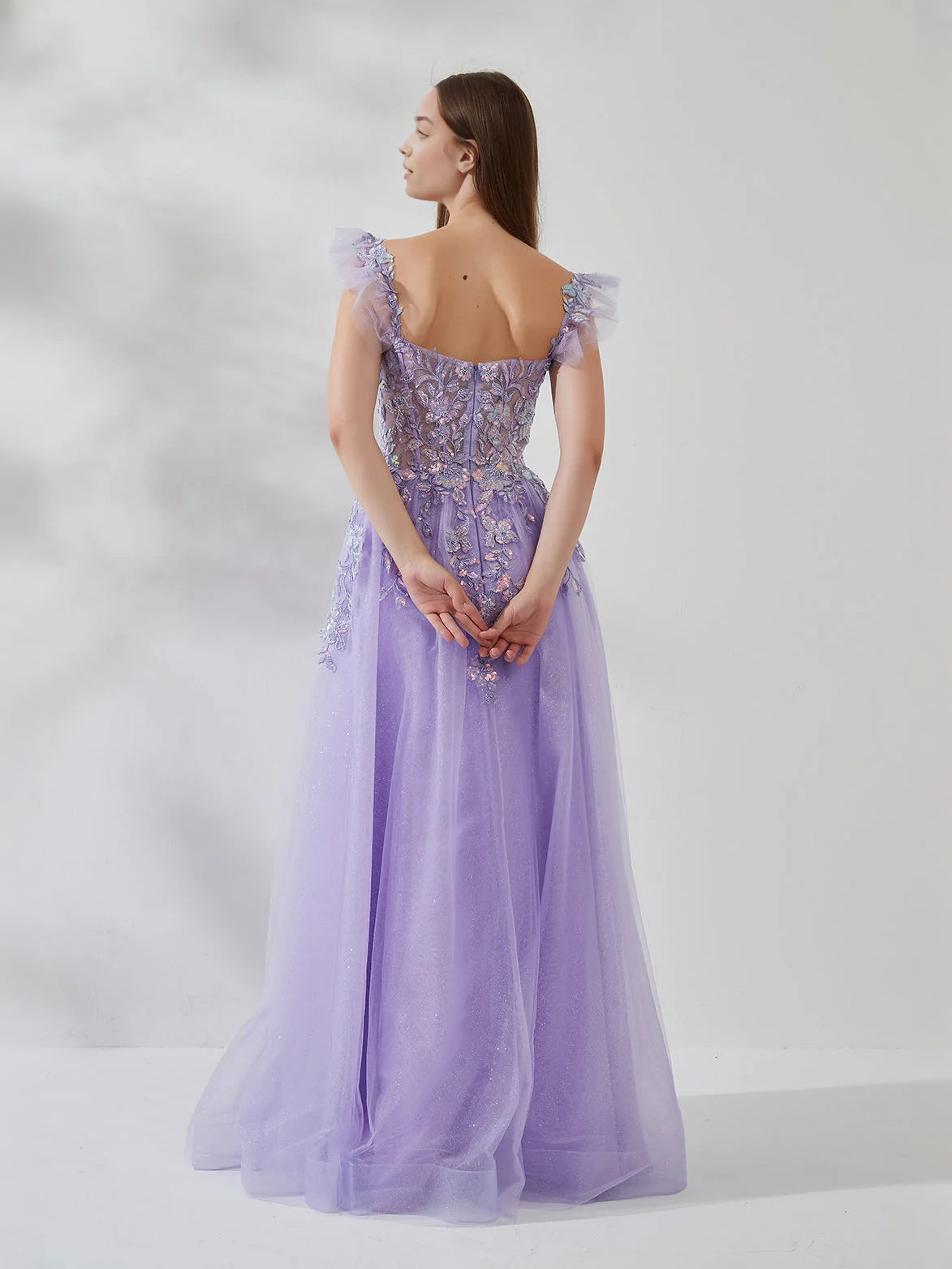 Lavender floor-length prom dress, front view showing the a-line silhouette