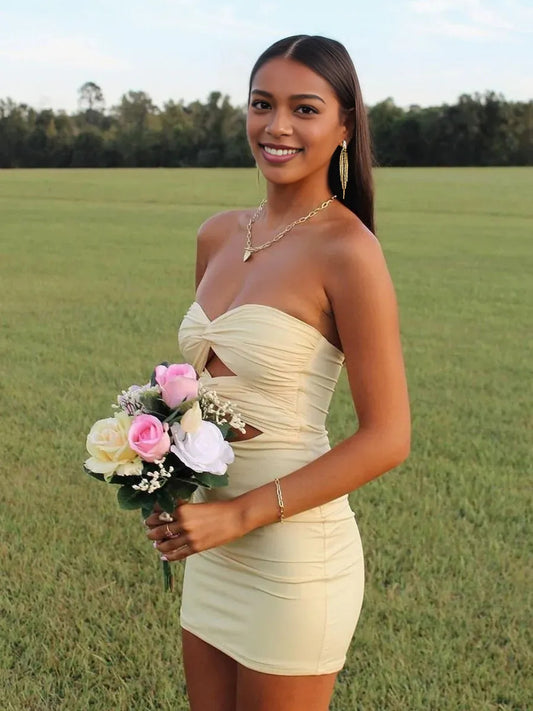 Lemon mini homecoming dress, alternate view showing the full-length silhouette