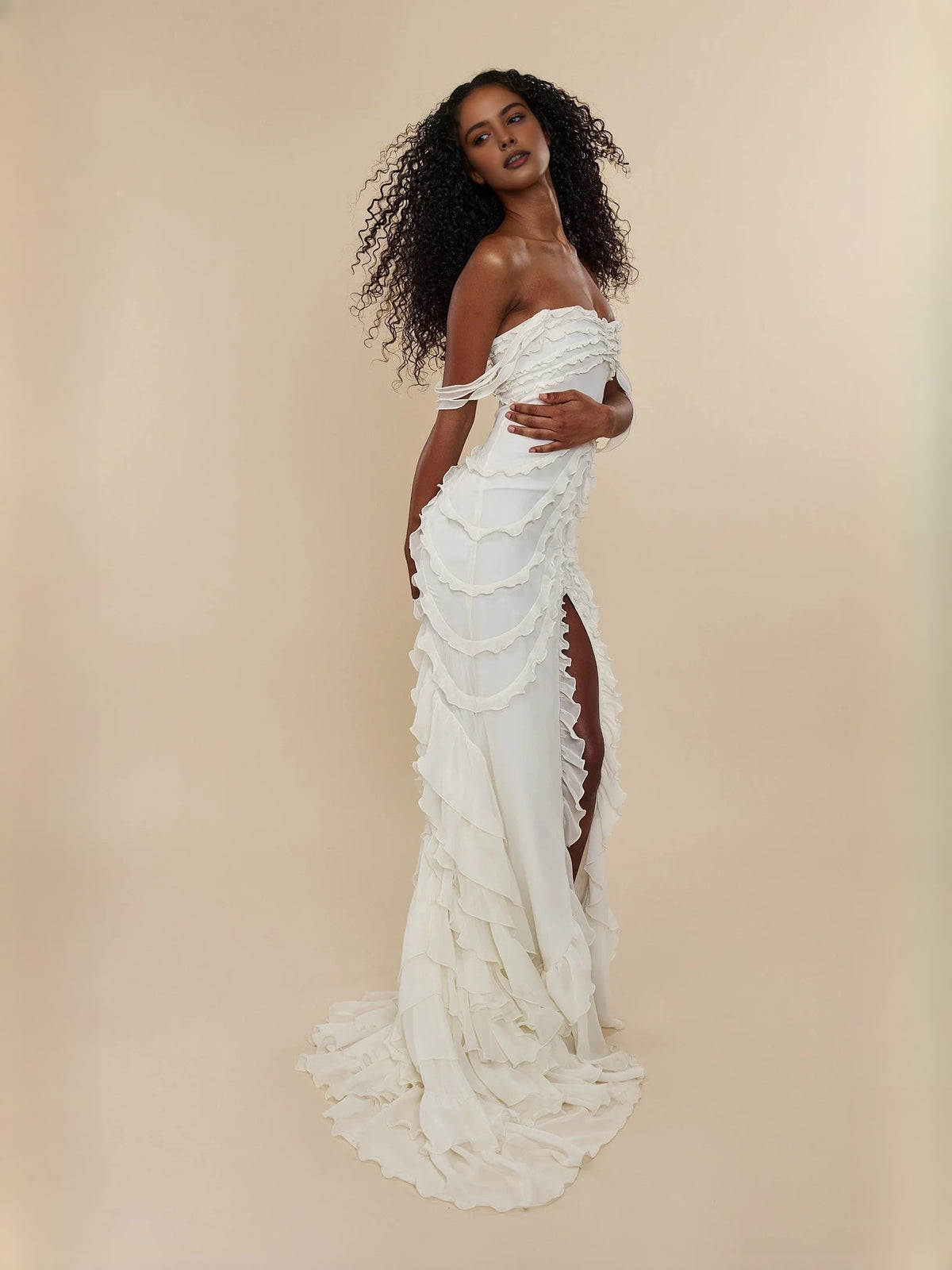 Ivory white floor-length prom dress, front view showing the mermaid silhouette