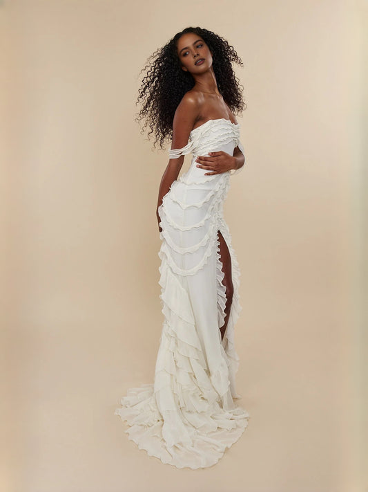 Ivory white floor-length prom dress, front view showing the mermaid silhouette