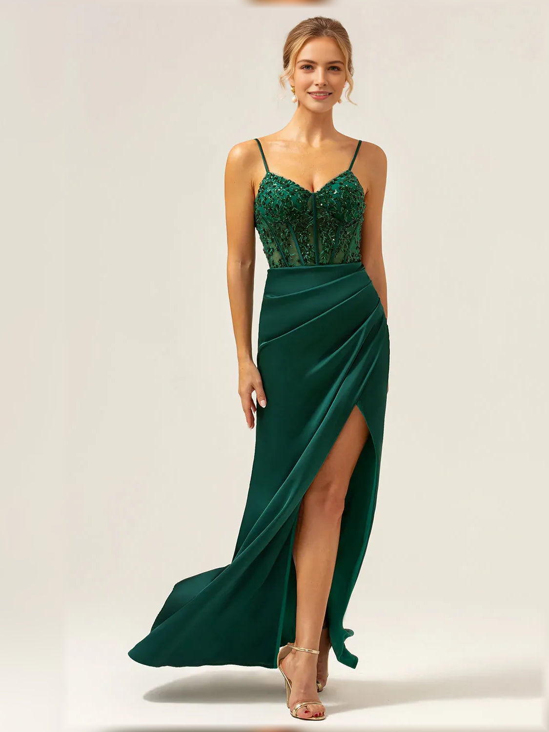 Dark Green sheath floor-length formal dress with sweetheart neckline, full-length front view