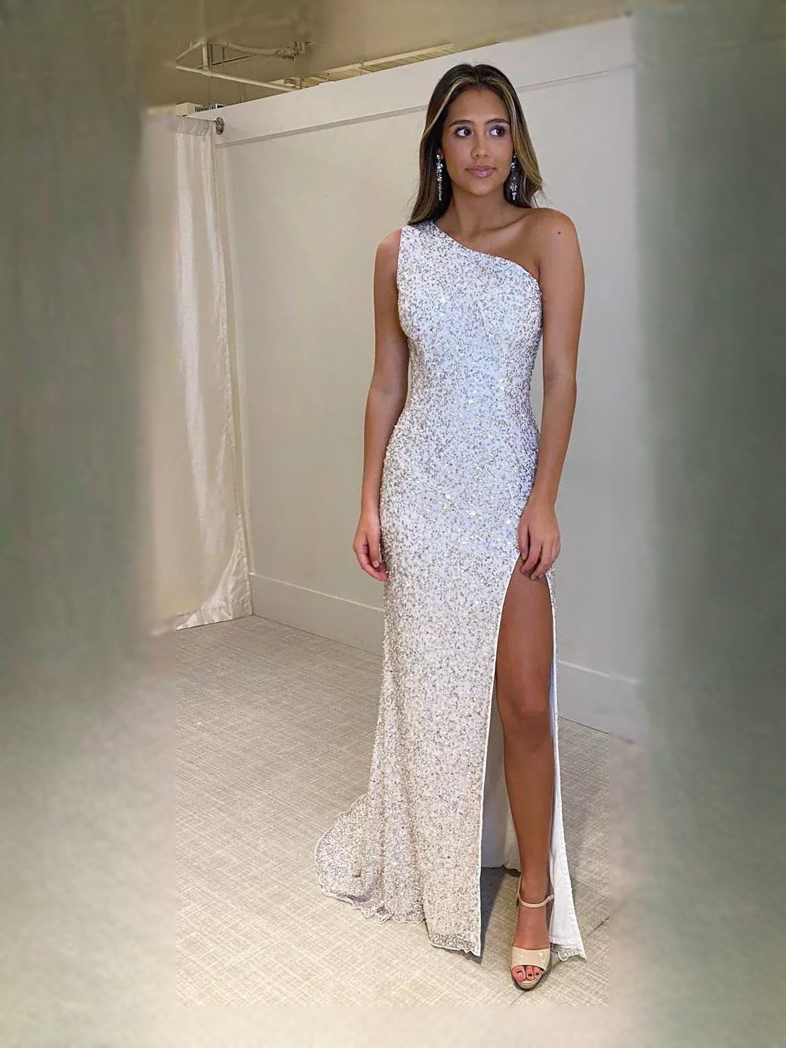 White maxi prom dress, front view showing the mermaid silhouette
