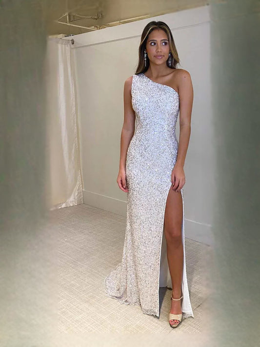 White maxi prom dress, front view showing the mermaid silhouette