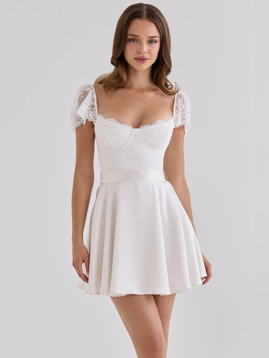 White mini homecoming dress, front view showing the silhouette