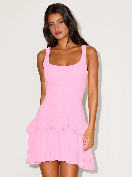 Pink mini homecoming dress, alternate view showing the full-length silhouette