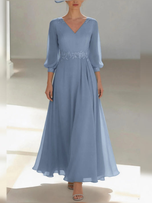 Dusty Blue floor-length mother of the bride dress, front view showing the a-line silhouette